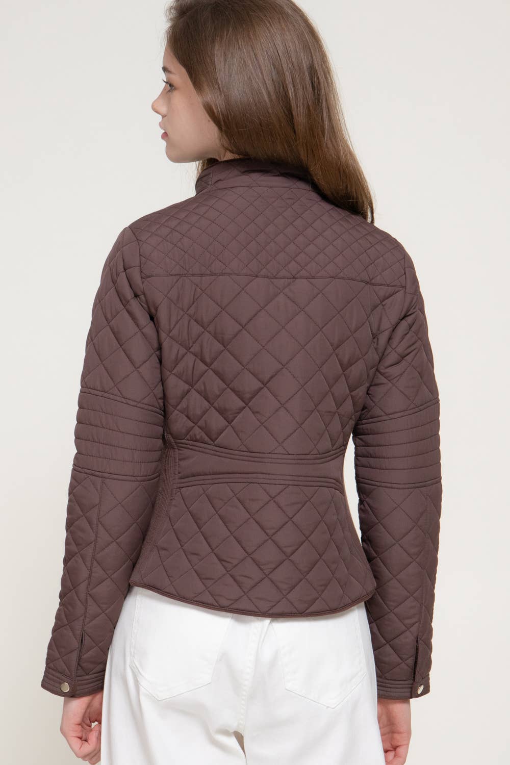 Suede Piping Detail Rib Quilted Jacket - Chocolate