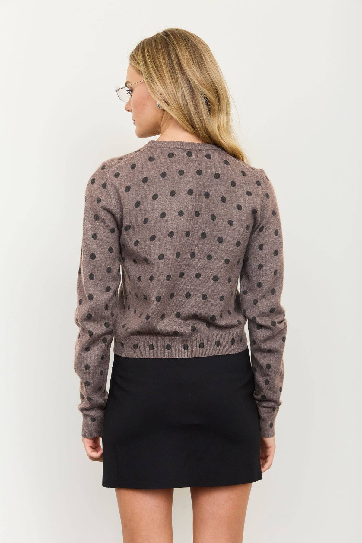 Polka Dot Button Down Cardigan: Taupe