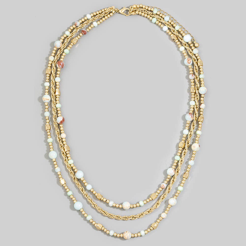 Triple Strand Semi Precious Stone Rope Chain Necklace: Aqua