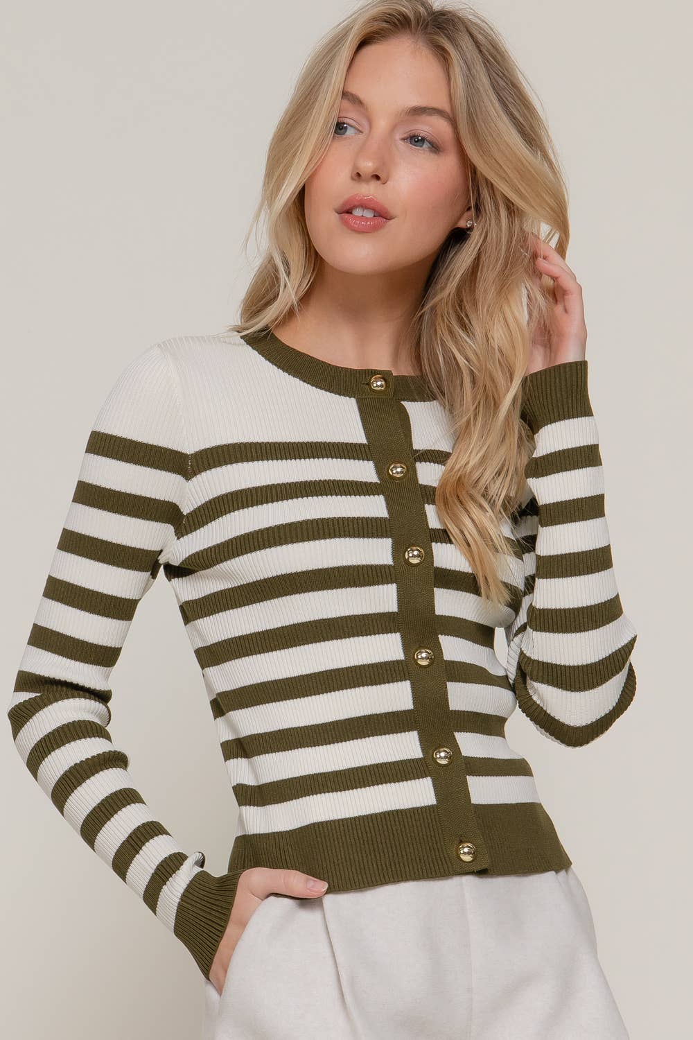 Long Sleeve Crew Neck Stripe Cardigan: ivory/olive