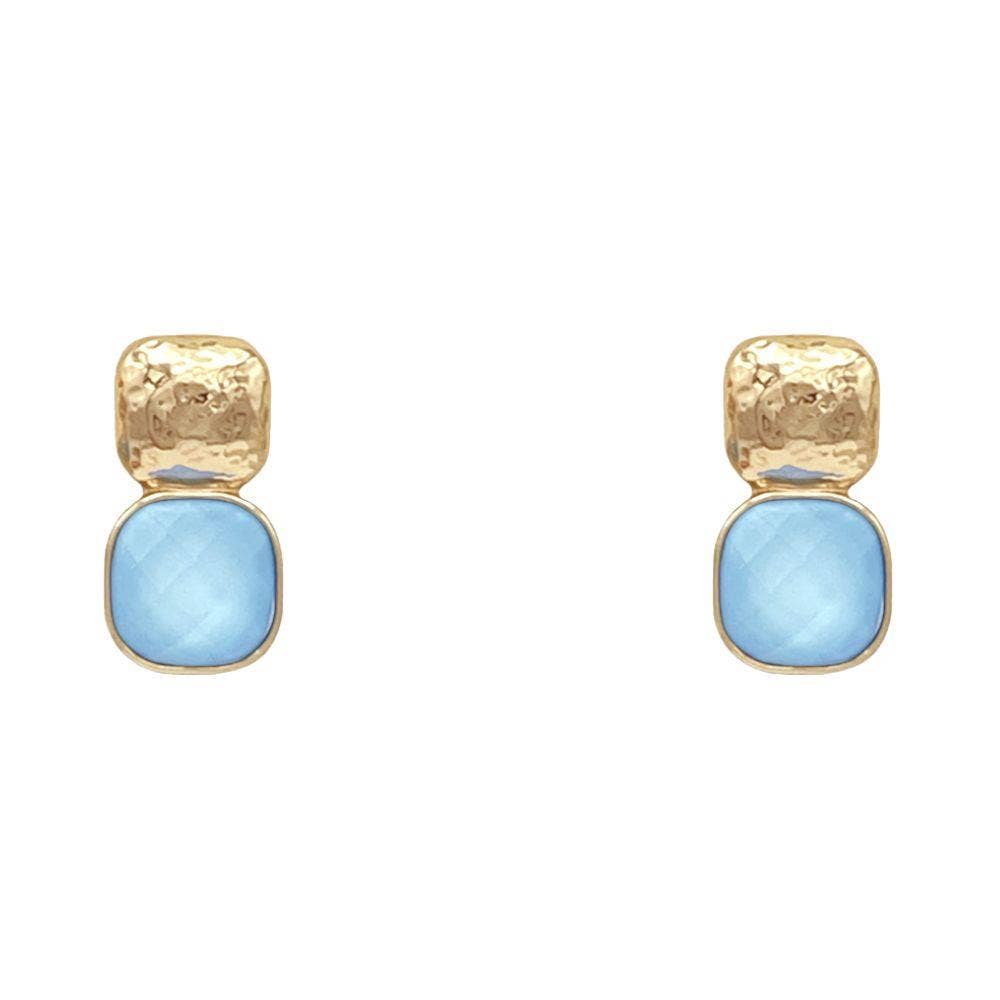 Icy Blue Hammered Metal Square Stone Earring