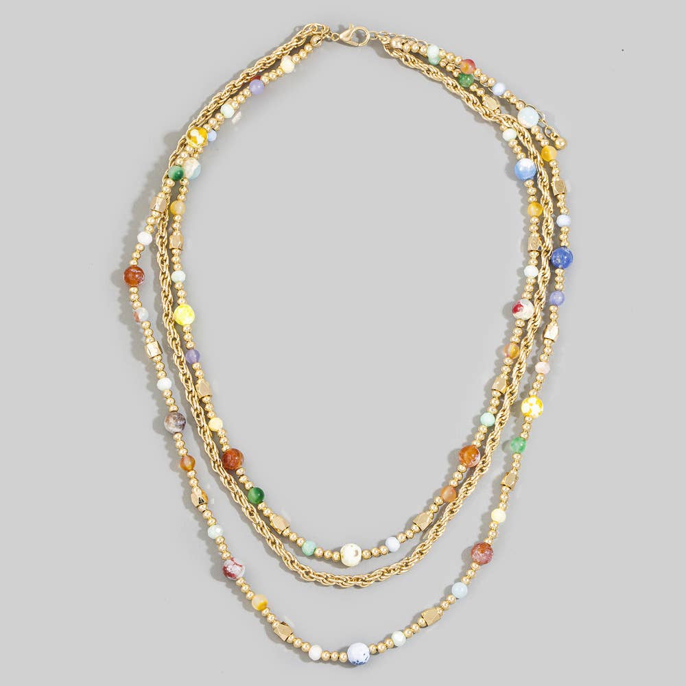 Triple Strand Semi Precious Stone Rope Chain Necklace: Multi