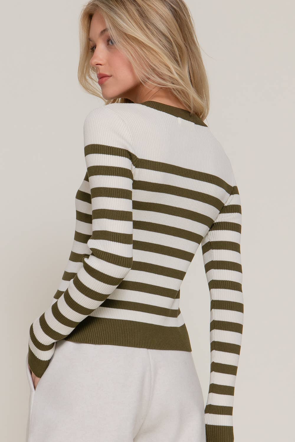 Long Sleeve Crew Neck Stripe Cardigan: ivory/olive