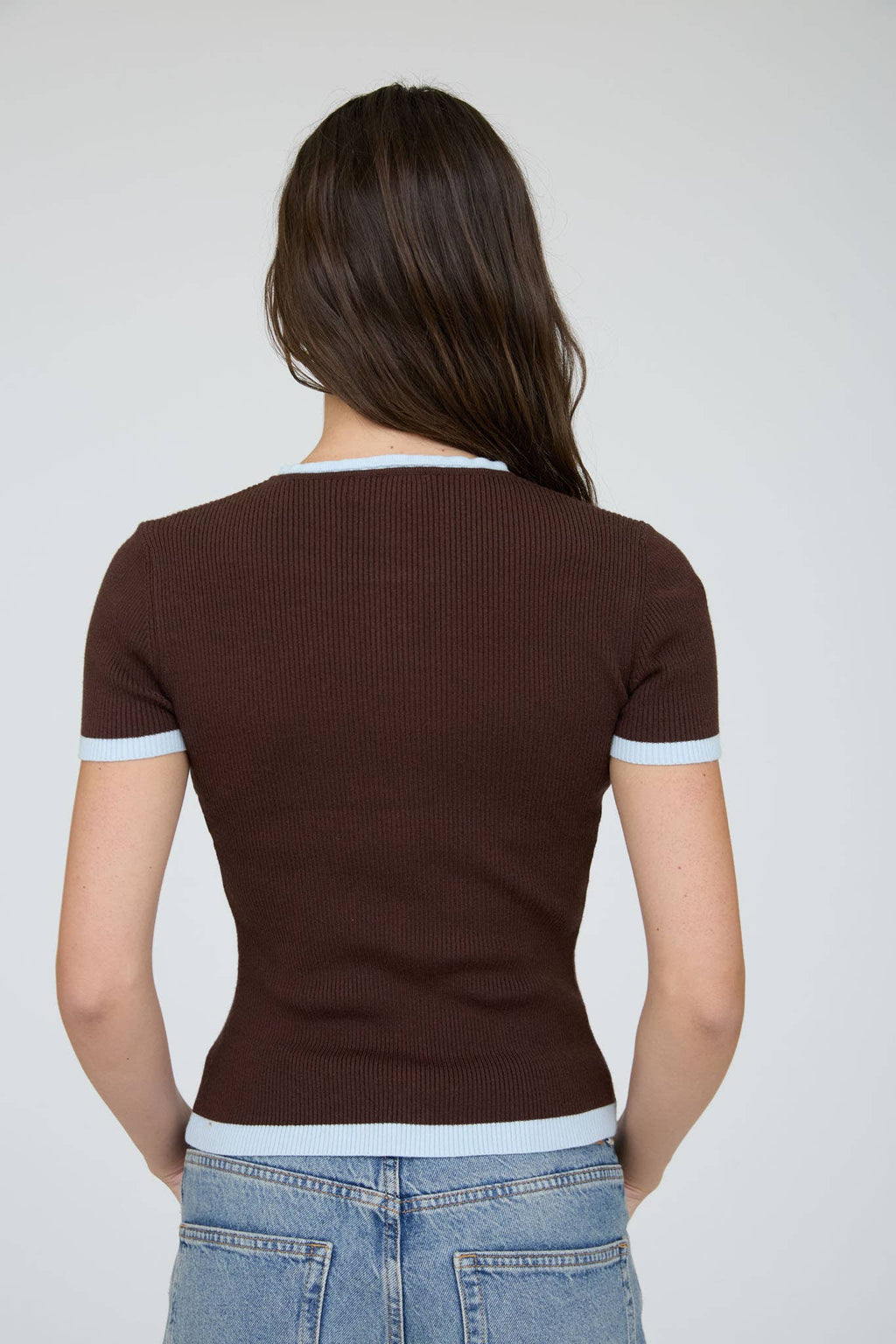 Contrast Trim Short Sleeve Cardigan: Brown