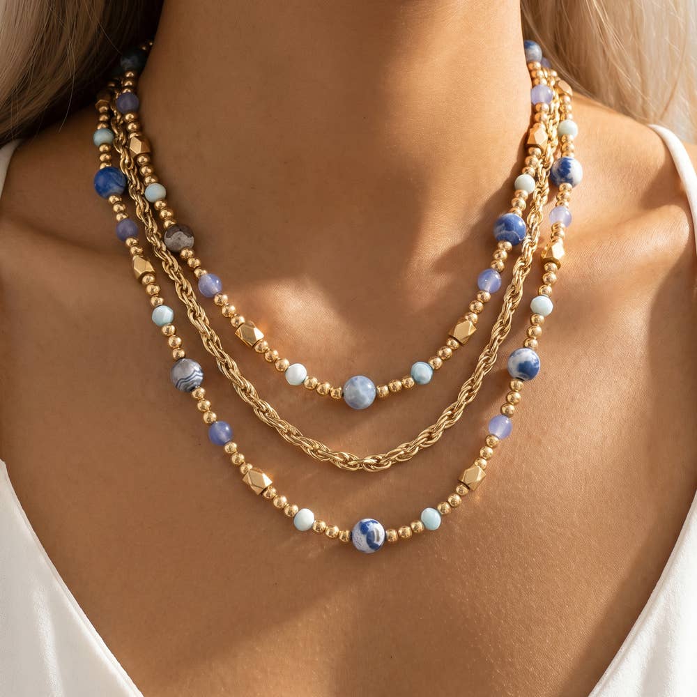 Triple Strand Semi Precious Stone Rope Chain Necklace: Blue