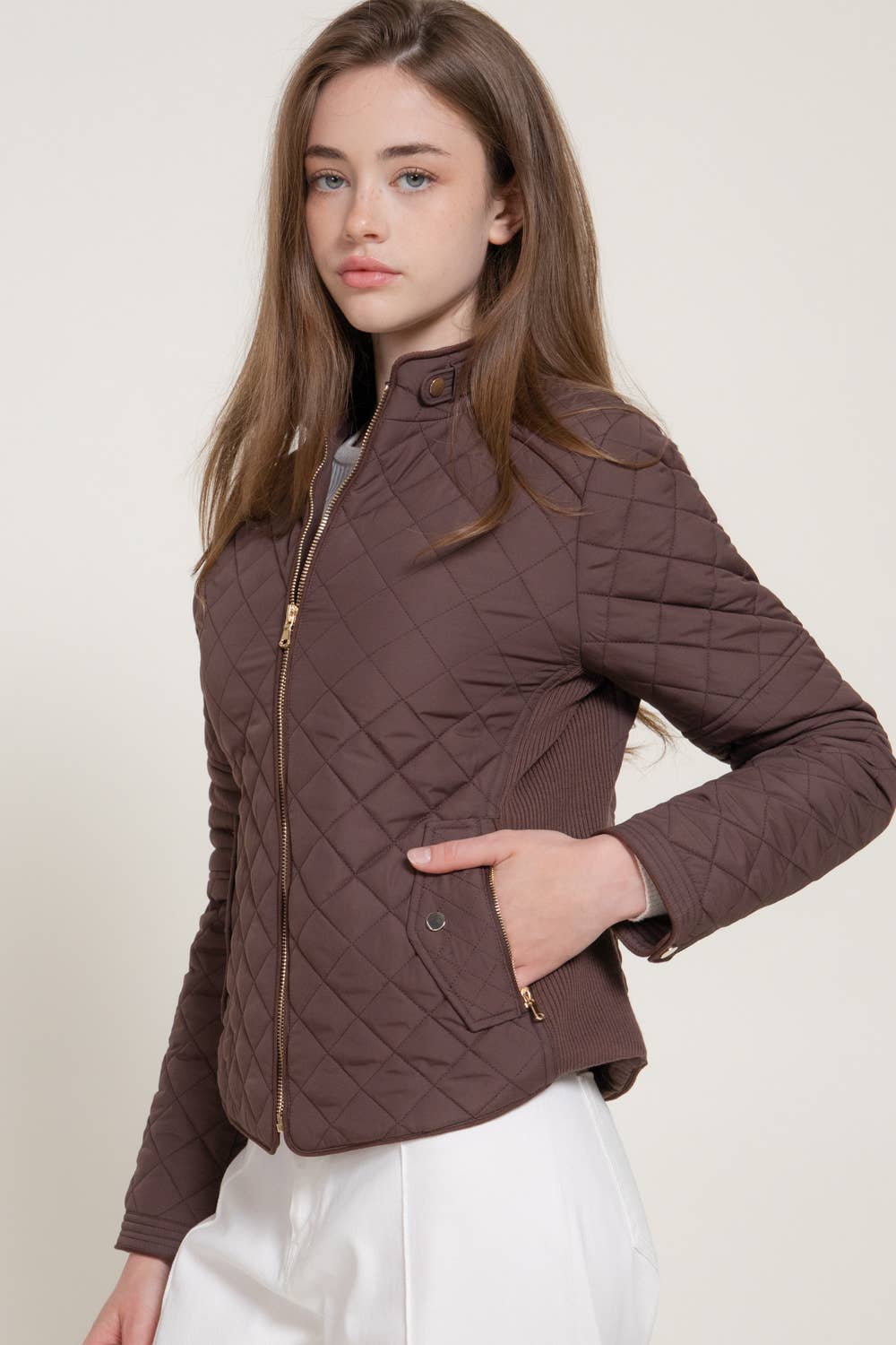 Suede Piping Detail Rib Quilted Jacket - Chocolate