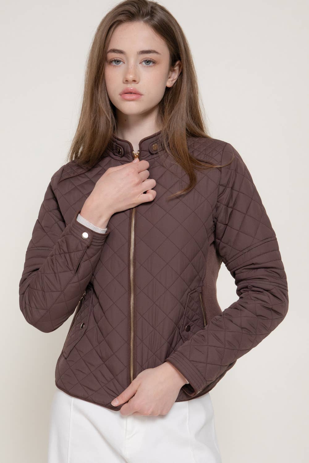 Suede Piping Detail Rib Quilted Jacket - Chocolate
