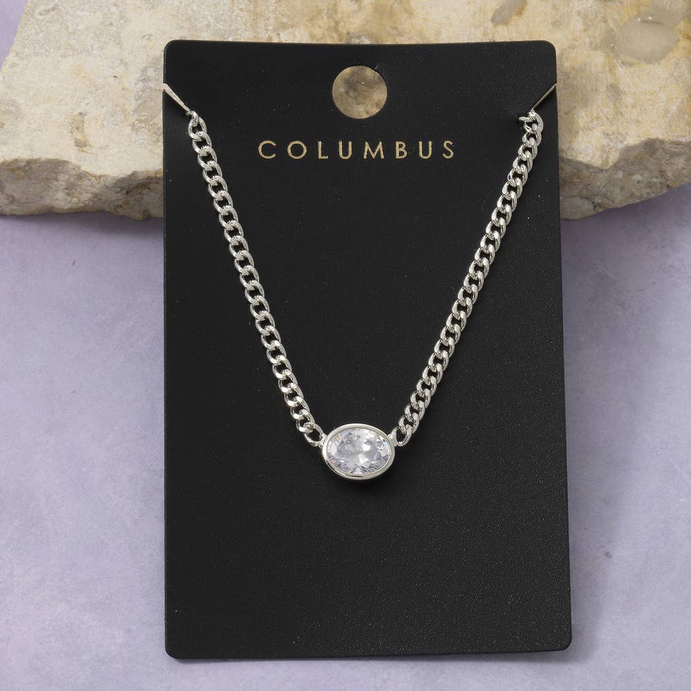 Silver Oval Bezel CZ Necklace