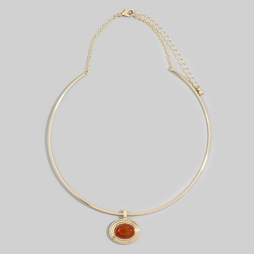 Oval Stone Pendant Collar Necklace: Brown