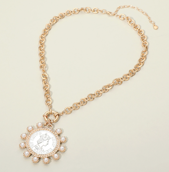 Bold Pearl Decorative Coin Pendant Necklace