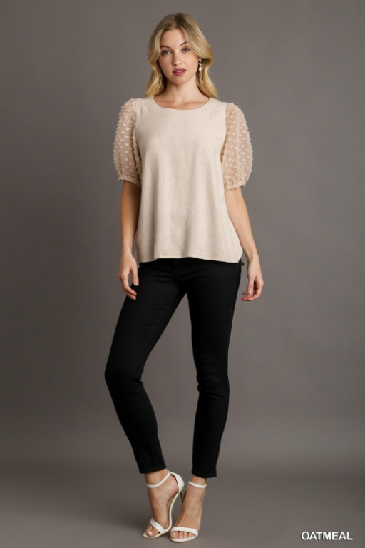 Linen Boxy Cut Round Neckline Top with Short Puff Floral Contrast Sleeve & Side Slit Oatmeal