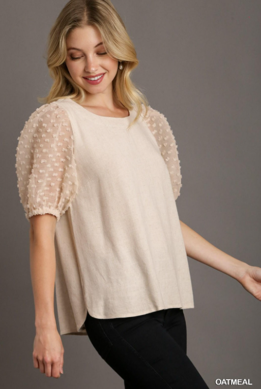 Linen Boxy Cut Round Neckline Top with Short Puff Floral Contrast Sleeve & Side Slit Oatmeal
