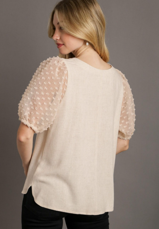 Linen Boxy Cut Round Neckline Top with Short Puff Floral Contrast Sleeve & Side Slit Oatmeal
