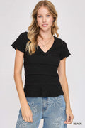 V Neck Woven Tiered Top -Black