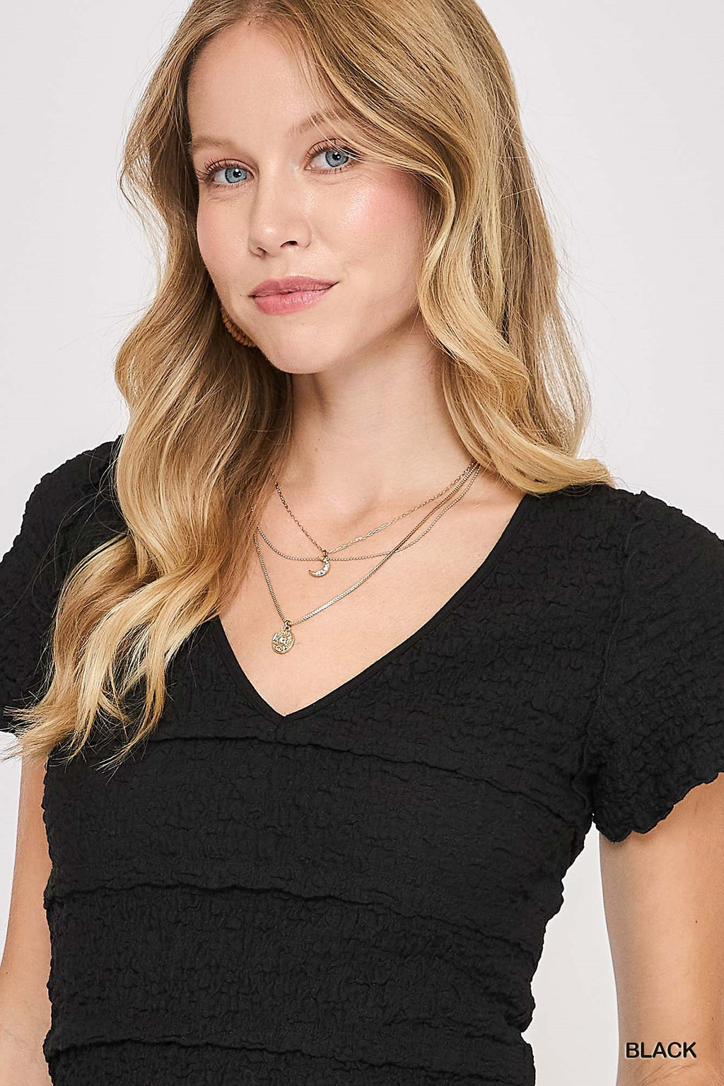 V Neck Woven Tiered Top -Black