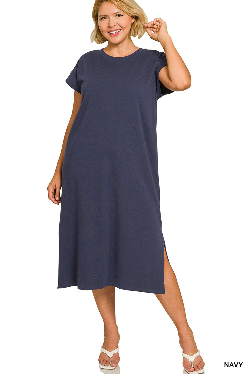 Round Neck Short Sleeve Midi Dress - Navy - Plus