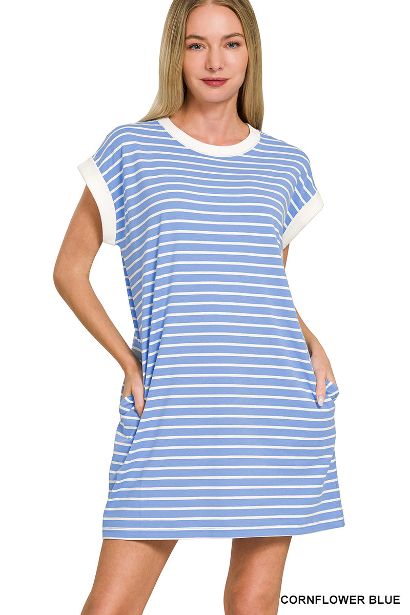 Striped T-Shirt Dress - CornFlower Blue