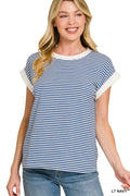 Stripe Contrast Trim Rib Banded Top - Navy