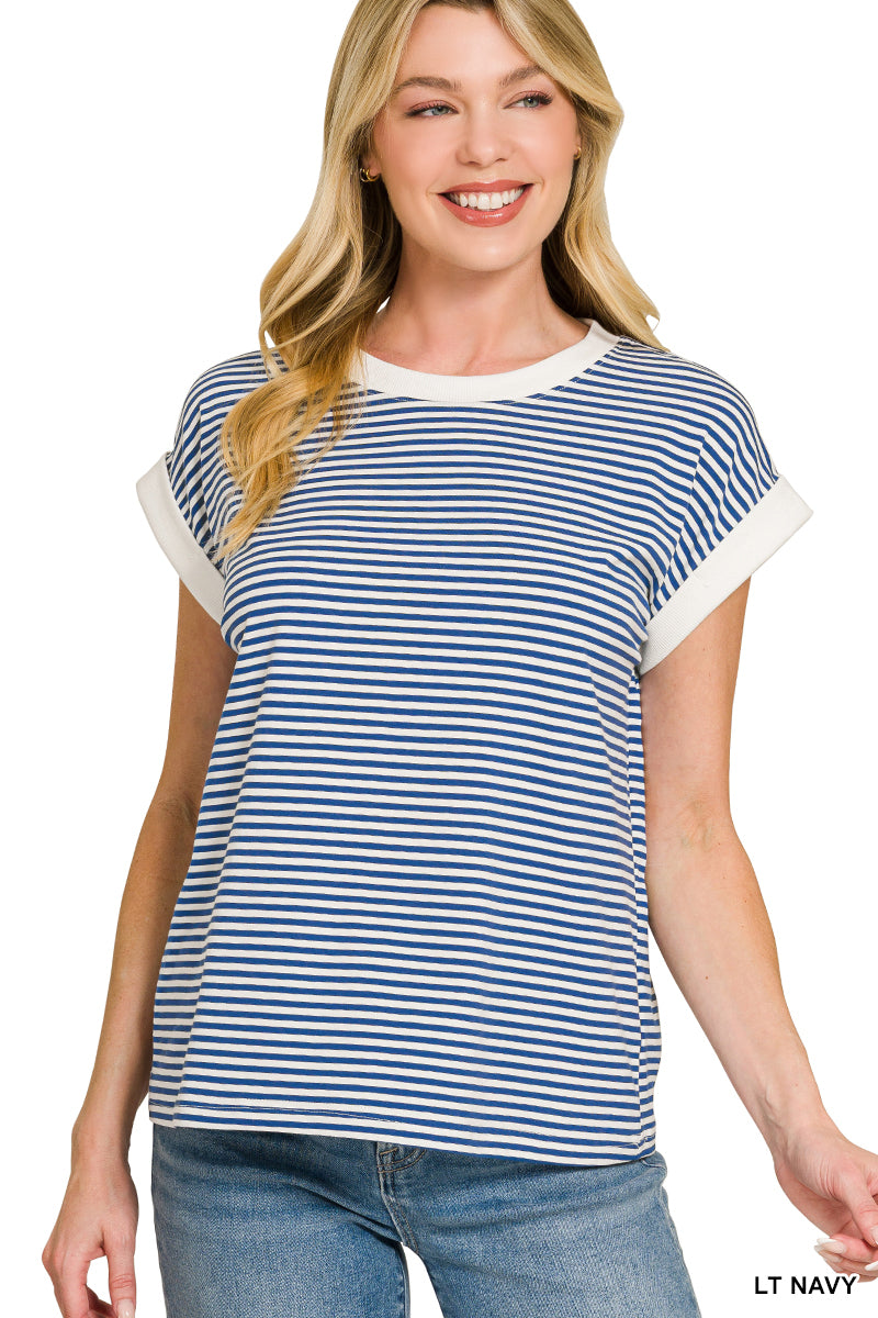 Stripe Contrast Trim Rib Banded Top - Navy