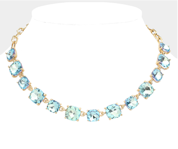 Cushion Square Stone Link Evening Necklace Aqua