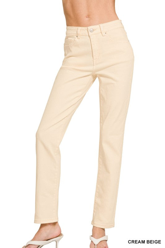 Washed High Waist Straight Color Denim - Cream Beige
