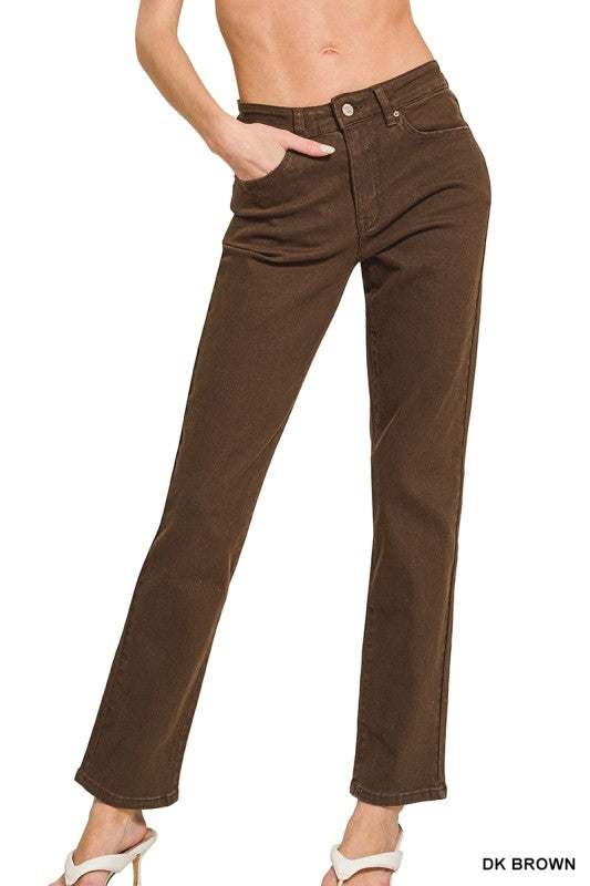 Washed High Waist Straight Color Denim - Dark Brown