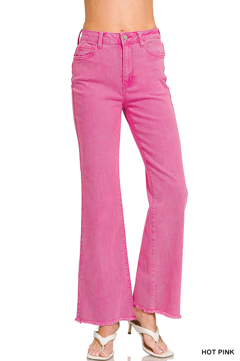 Frayed Cutoff Hem Straight Wide Jean - Hot Pink