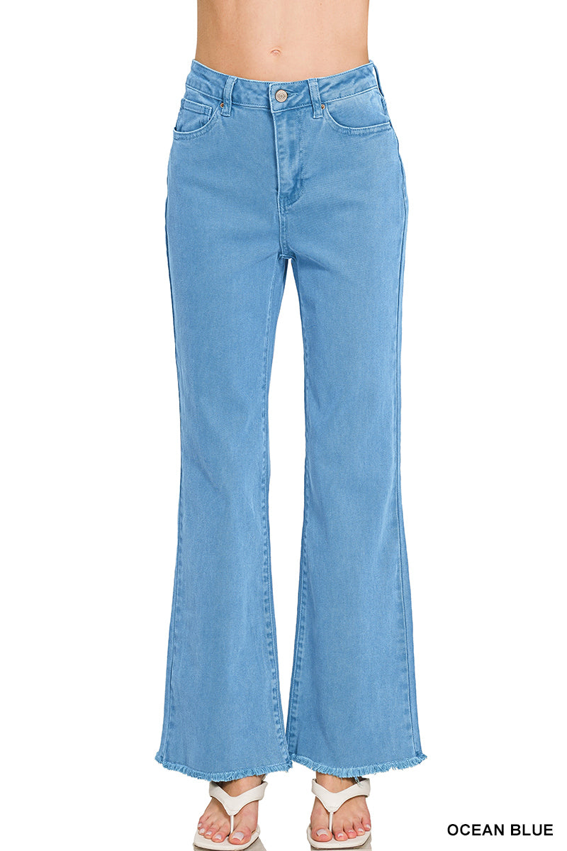 Frayed Cutoff Hem Straight Wide Jean - Ocean Blue