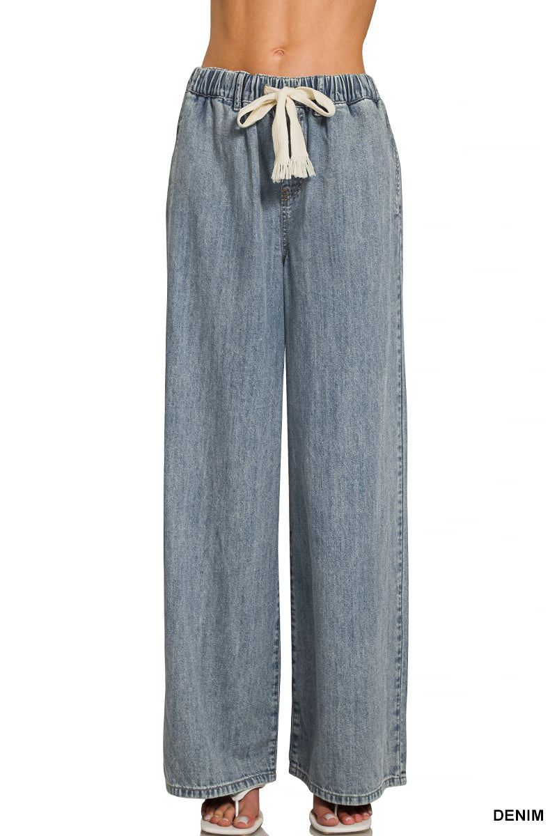 Wide Leg Drawstring Elastic Waistband Denim Jeans