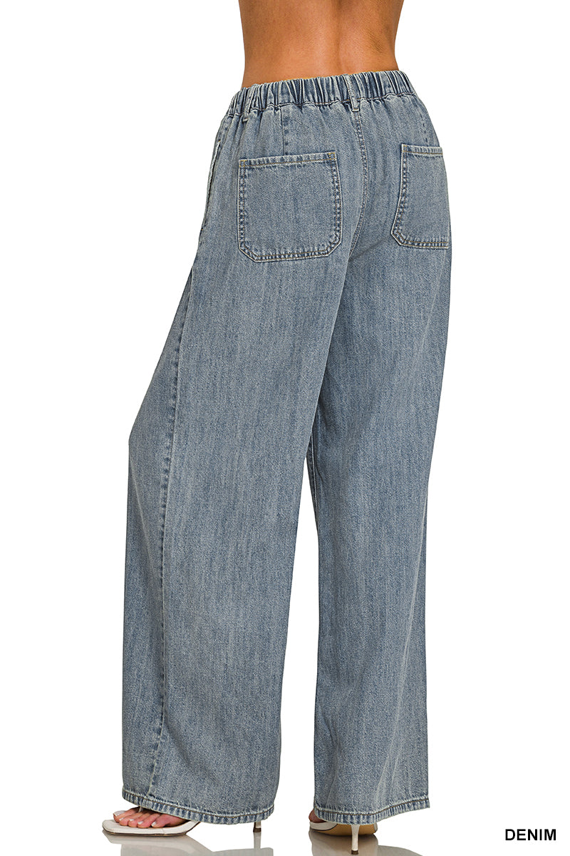 Wide Leg Drawstring Elastic Waistband Denim Jeans