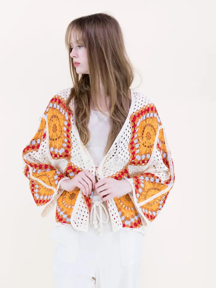 Sunburst Mosaic Open Stitch Cardigan - Orange