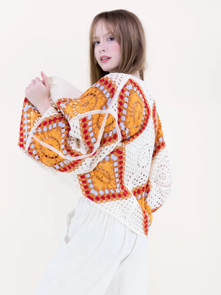Sunburst Mosaic Open Stitch Cardigan - Orange