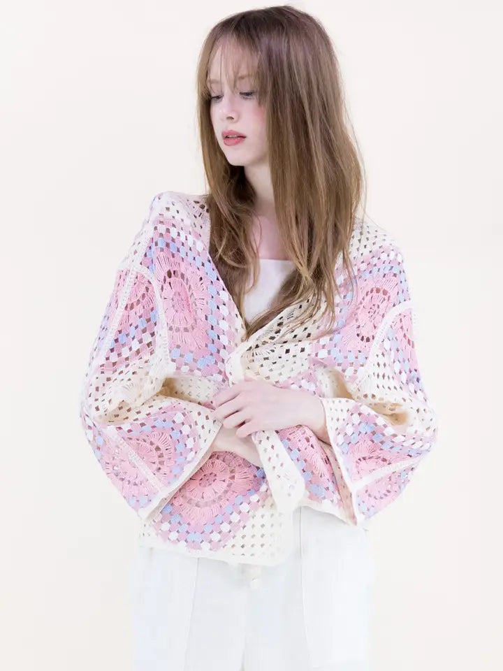 Sunburst Mosaic Open Stitch Cardigan -Pink