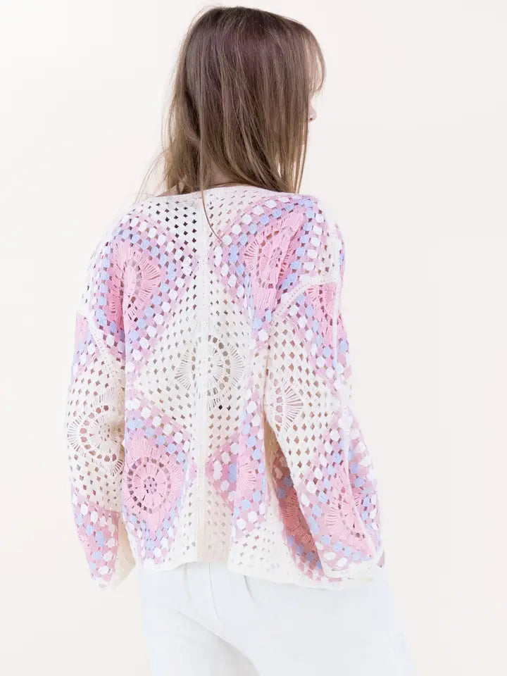 Sunburst Mosaic Open Stitch Cardigan -Pink