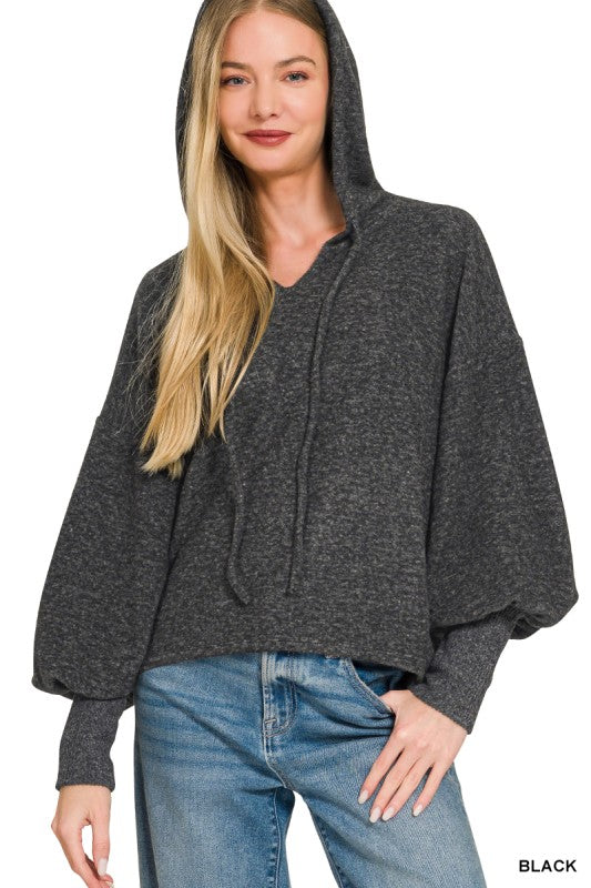 Soft Brushed Hacci Cropped Balloon Sleeve Hoodie - Black