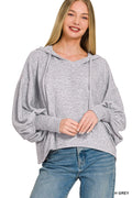 Soft Brushed Hacci Cropped Balloon Sleeve Hoodie - Grey