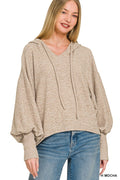 Soft Brushed Hacci Cropped Balloon Sleeve Hoodie - H Mocha