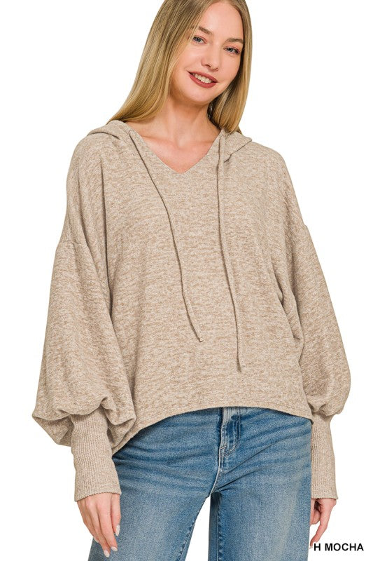 Soft Brushed Hacci Cropped Balloon Sleeve Hoodie - H Mocha