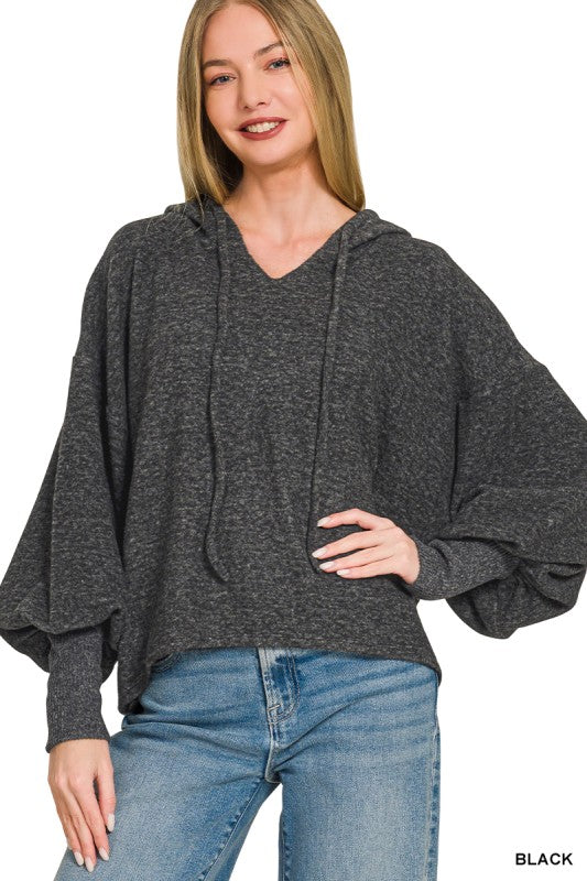 Soft Brushed Hacci Cropped Balloon Sleeve Hoodie - Black