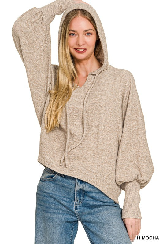 Soft Brushed Hacci Cropped Balloon Sleeve Hoodie - H Mocha