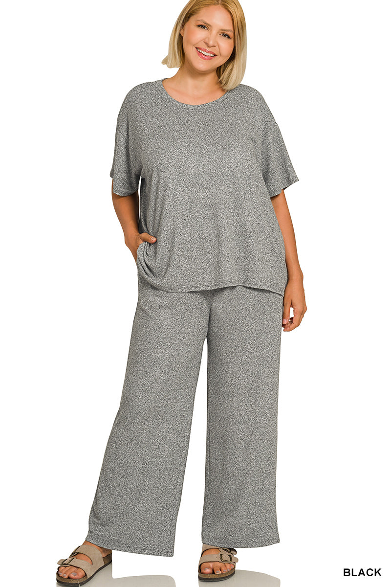 Melange Short Sleeve Tee & Long Pant Set - Black