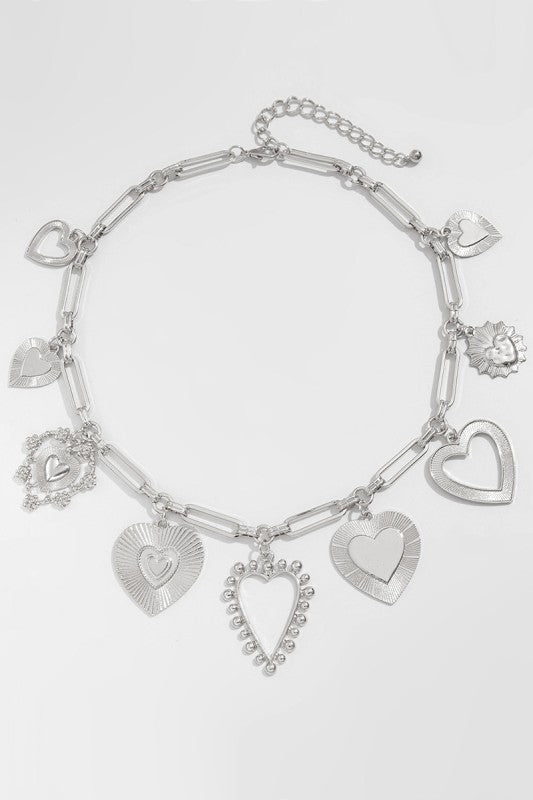 Retro Heart Charm Necklace - Silver