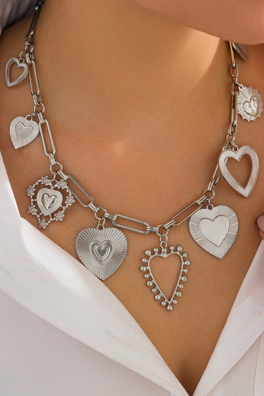Retro Heart Charm Necklace - Silver