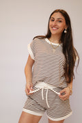 Stripe Contrast Trim Top & Shorts Set - Brown