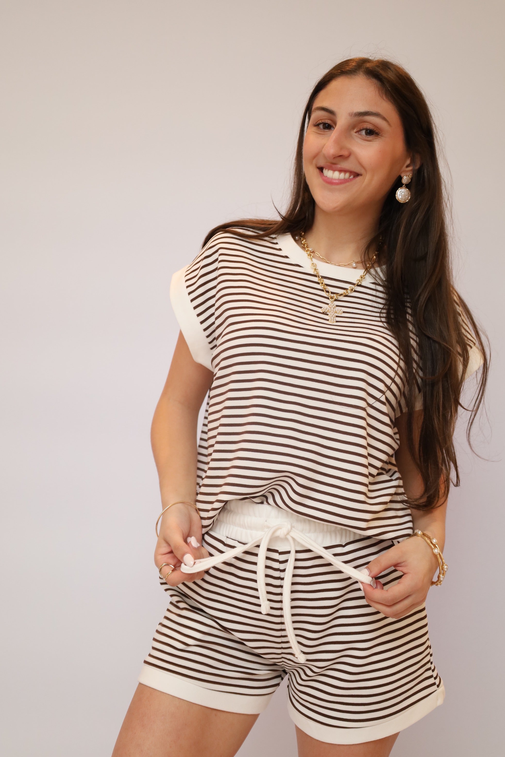 Stripe Contrast Trim Top & Shorts Set - Brown