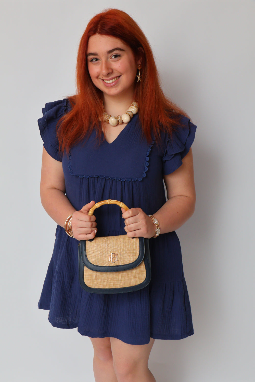 V-Neck Ruffle Sleeve Mini Dress Navy