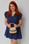 V-Neck Ruffle Sleeve Mini Dress Navy