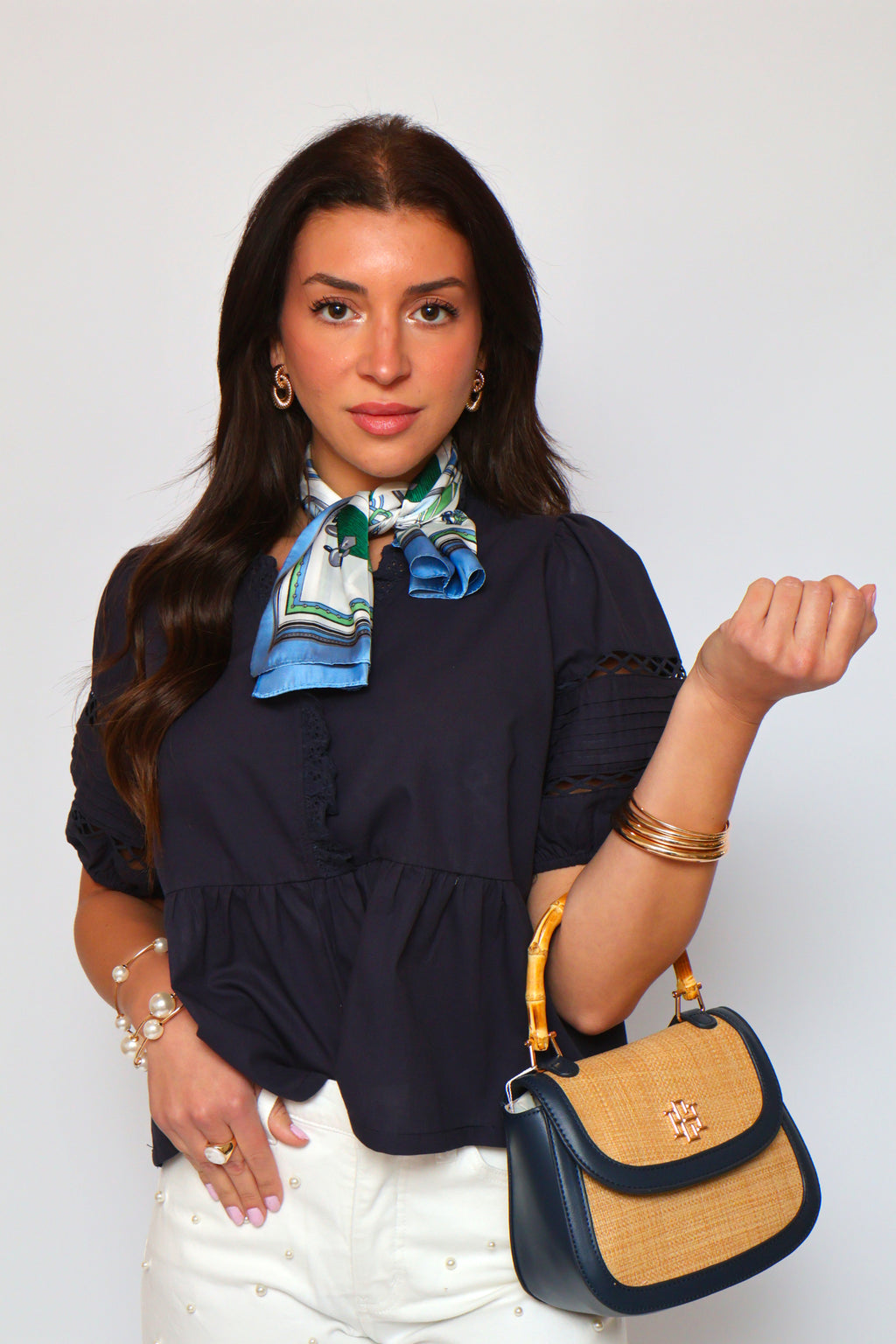Lace Bubble Sleeve Top -Navy