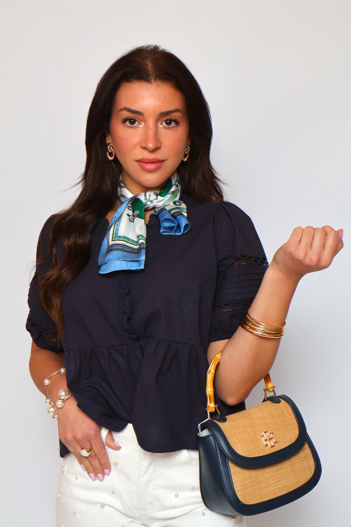 Lace Bubble Sleeve Top -Navy