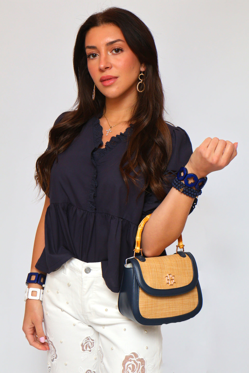 Lace Bubble Sleeve Top -Navy